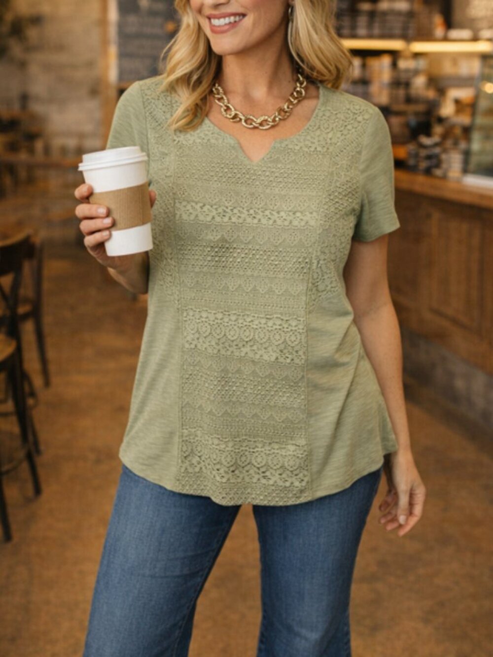 Christopher & Banks Womens Shirt Large Sage Green Cotton Lace